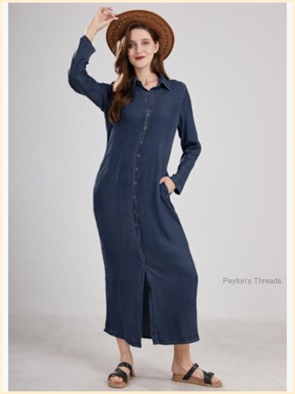 Womens Casual Button Down Denim Maxi Dress Long Sleeve with Pockets - Picture 7 of 7